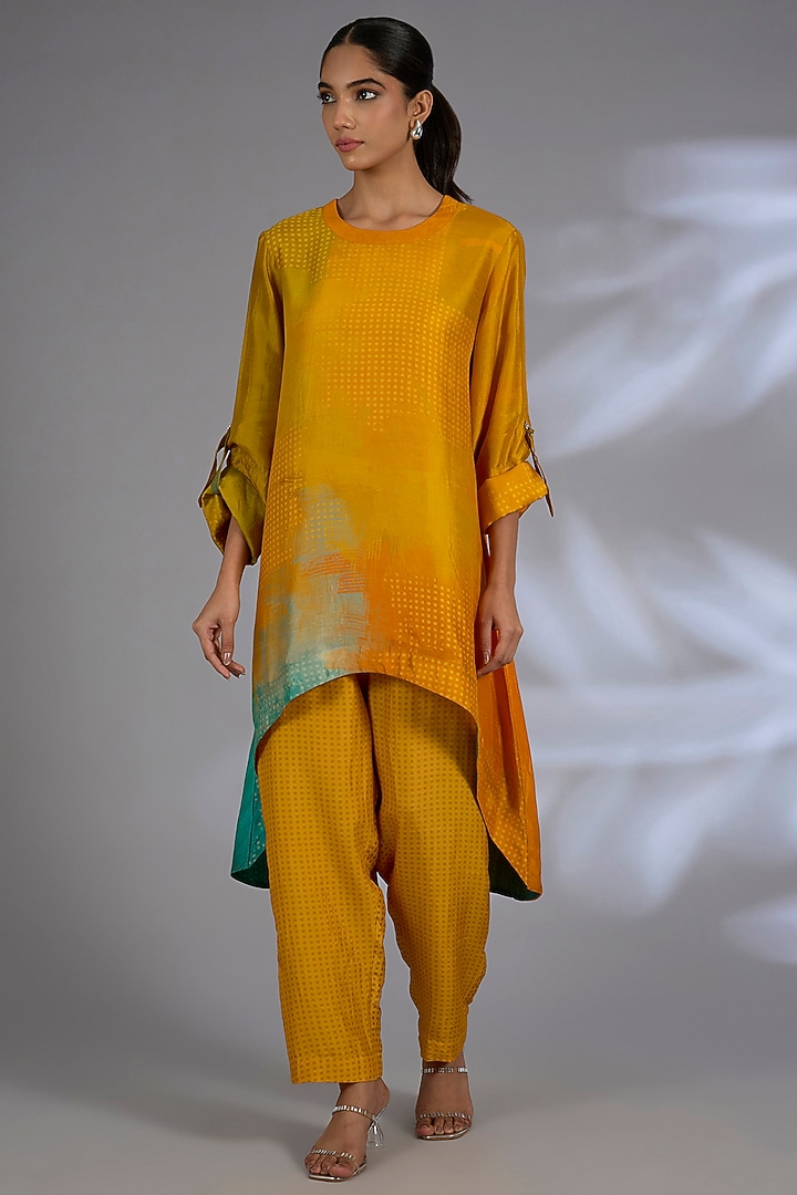 Orange Dupion Silk Asymmetrical Kurta Set by CLOS at Pernia's Pop Up Shop