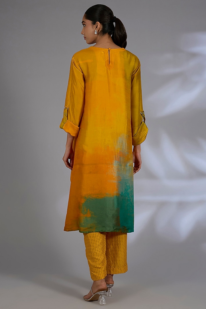 Orange Dupion Silk Asymmetrical Kurta Set by CLOS at Pernia's Pop Up Shop