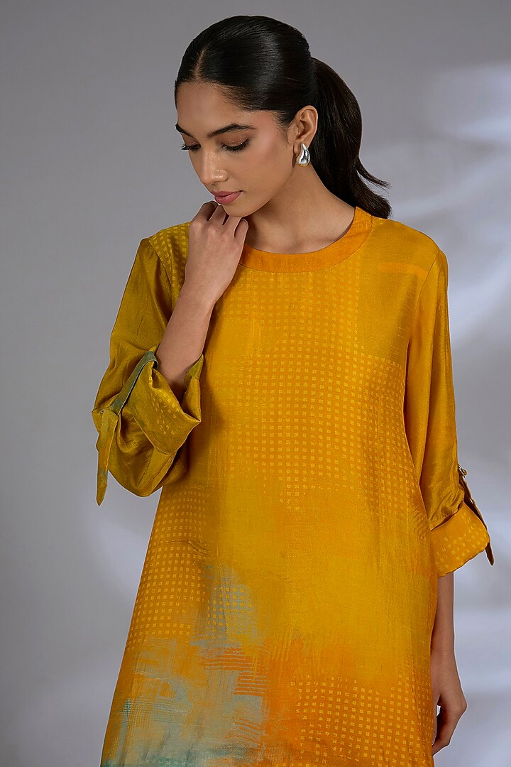 Orange Dupion Silk Asymmetrical Kurta Set by CLOS at Pernia's Pop Up Shop