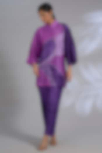 Purple Dupion Silk Asymmetrical Kurta Set by CLOS at Pernia's Pop Up Shop