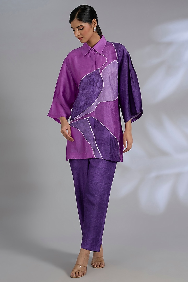 Purple Dupion Silk Asymmetrical Kurta Set by CLOS at Pernia's Pop Up Shop