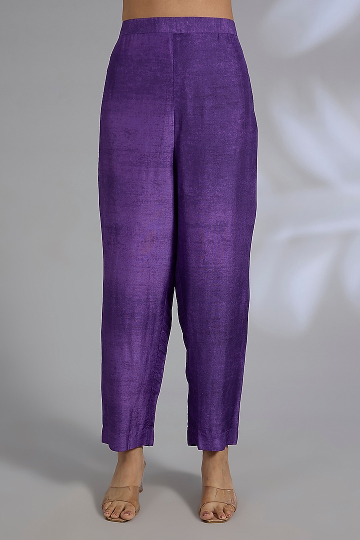 Purple Dupion Silk Asymmetrical Kurta Set by CLOS at Pernia's Pop Up Shop