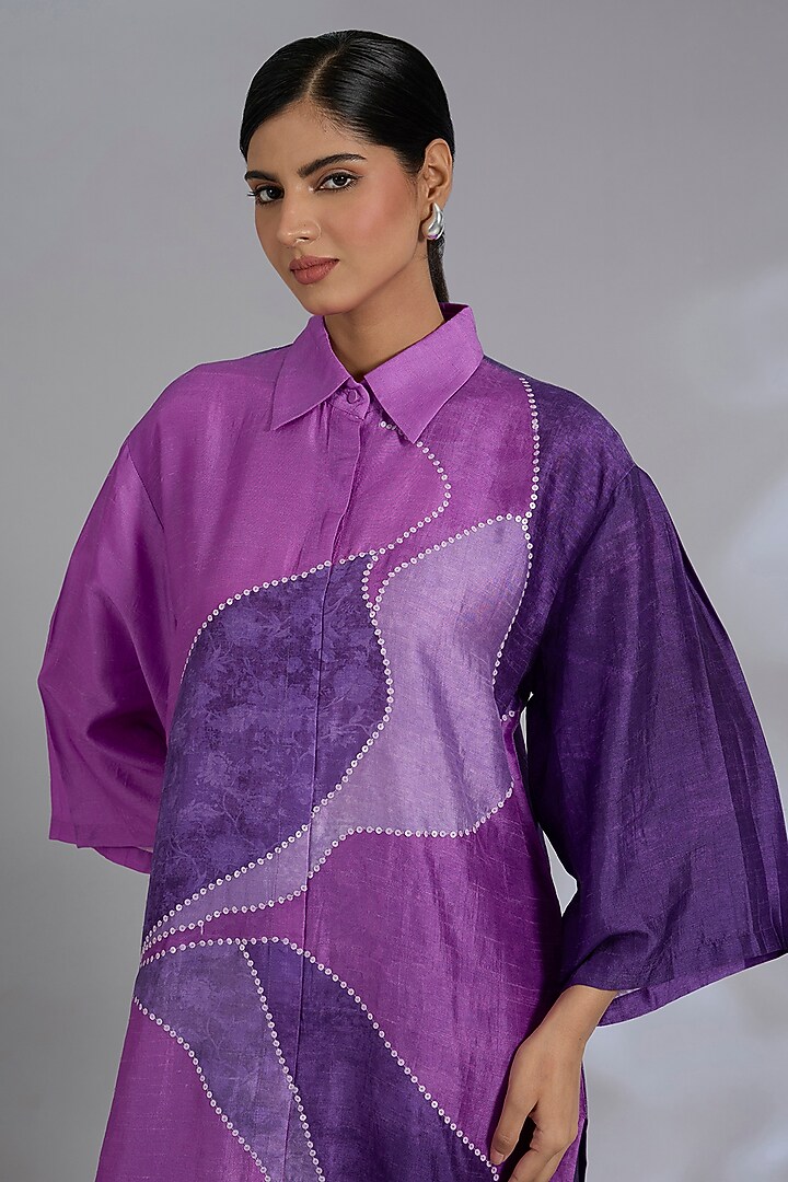 Purple Dupion Silk Asymmetrical Kurta Set by CLOS at Pernia's Pop Up Shop