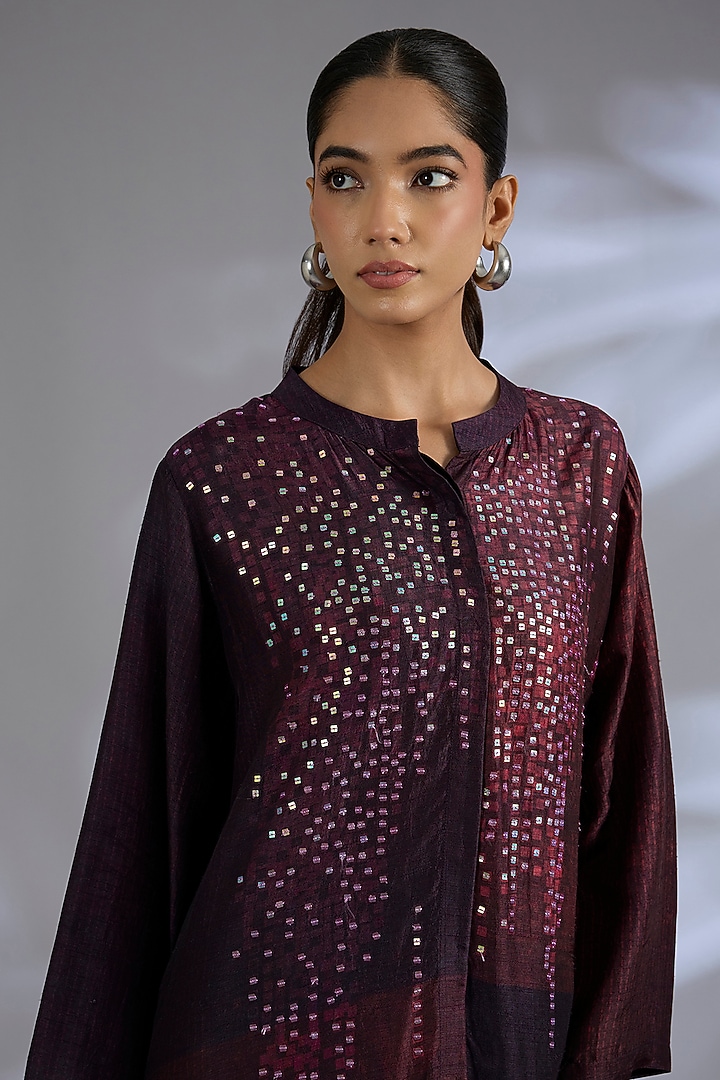 Wine Dupion Silk Geometric Printed Kurta Set by CLOS at Pernia's Pop Up Shop