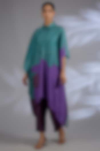 Blue Dupion Silk Asymmetrical Kurta Set by CLOS at Pernia's Pop Up Shop