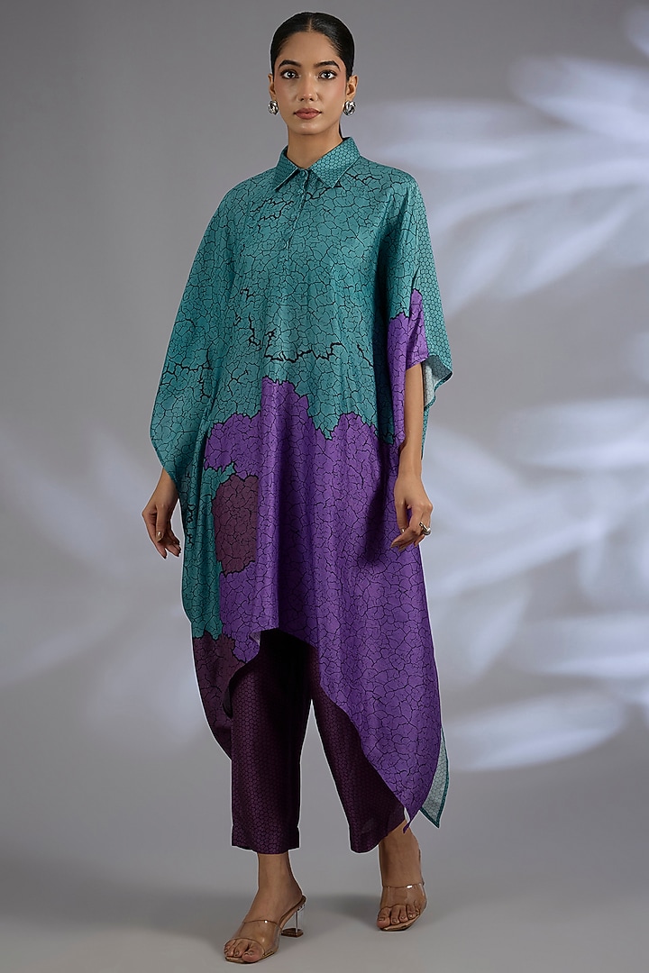 Blue Dupion Silk Asymmetrical Kurta Set by CLOS at Pernia's Pop Up Shop