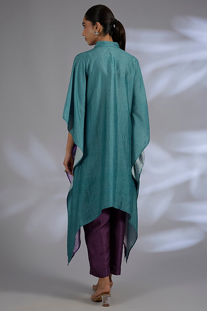 Blue Dupion Silk Asymmetrical Kurta Set by CLOS at Pernia's Pop Up Shop