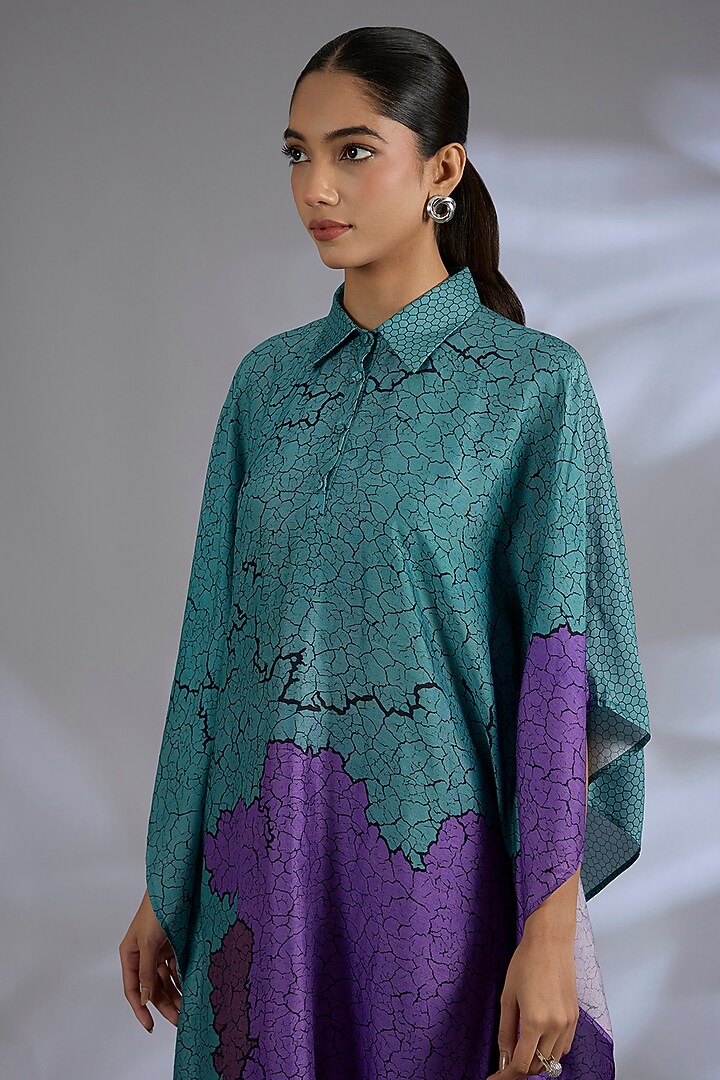 Blue Dupion Silk Asymmetrical Kurta Set by CLOS at Pernia's Pop Up Shop