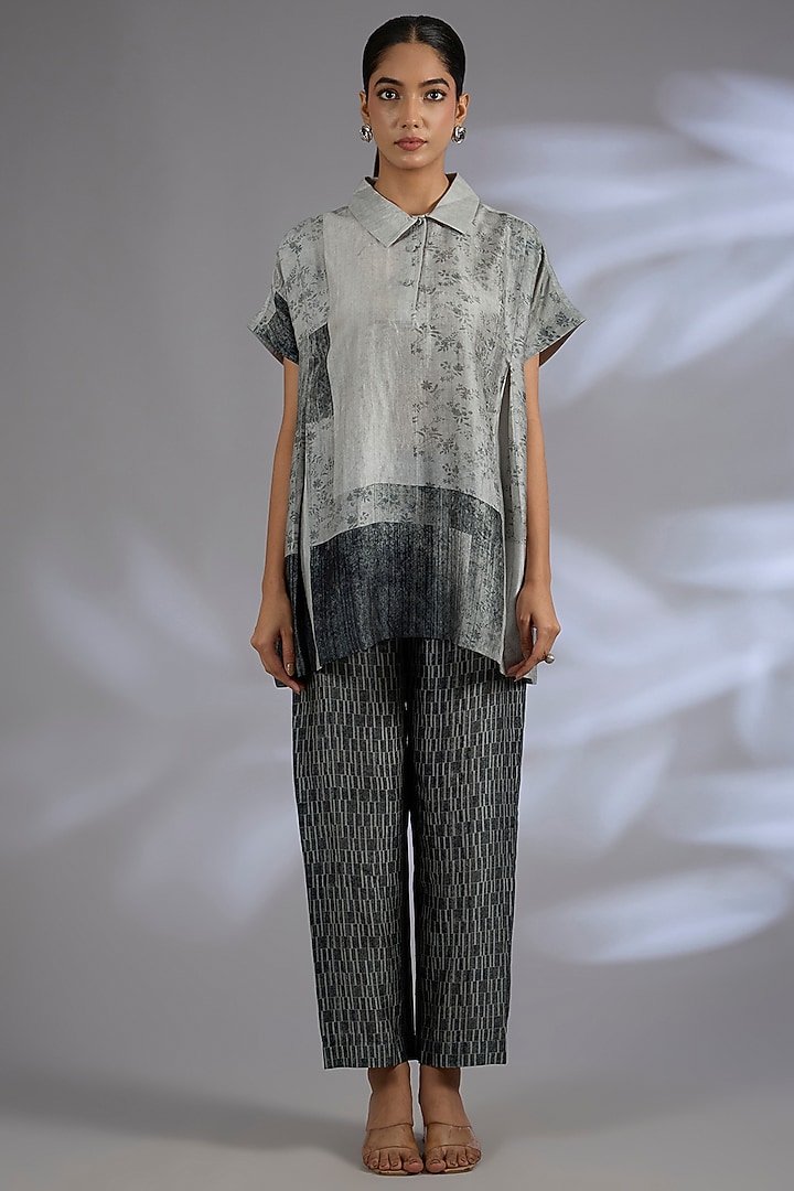 Grey Dupion Silk Assymetrical Co-Ord Set by CLOS at Pernia's Pop Up Shop