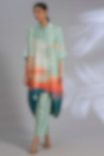 Blue Dupion Silk Asymmetrical Kurta Set by CLOS at Pernia's Pop Up Shop