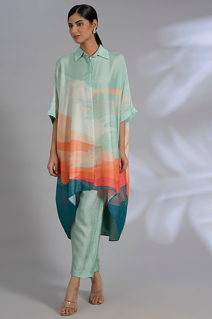 Blue Dupion Silk Asymmetrical Kurta Set by CLOS at Pernia's Pop Up Shop