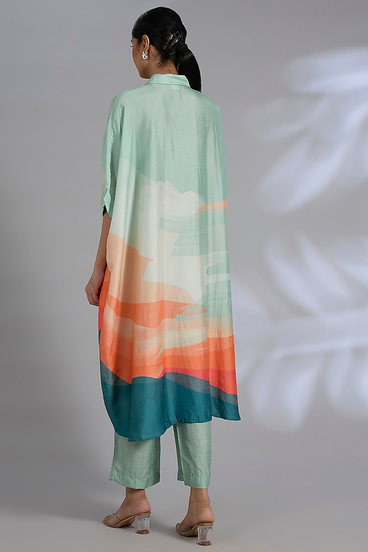 Blue Dupion Silk Asymmetrical Kurta Set by CLOS at Pernia's Pop Up Shop