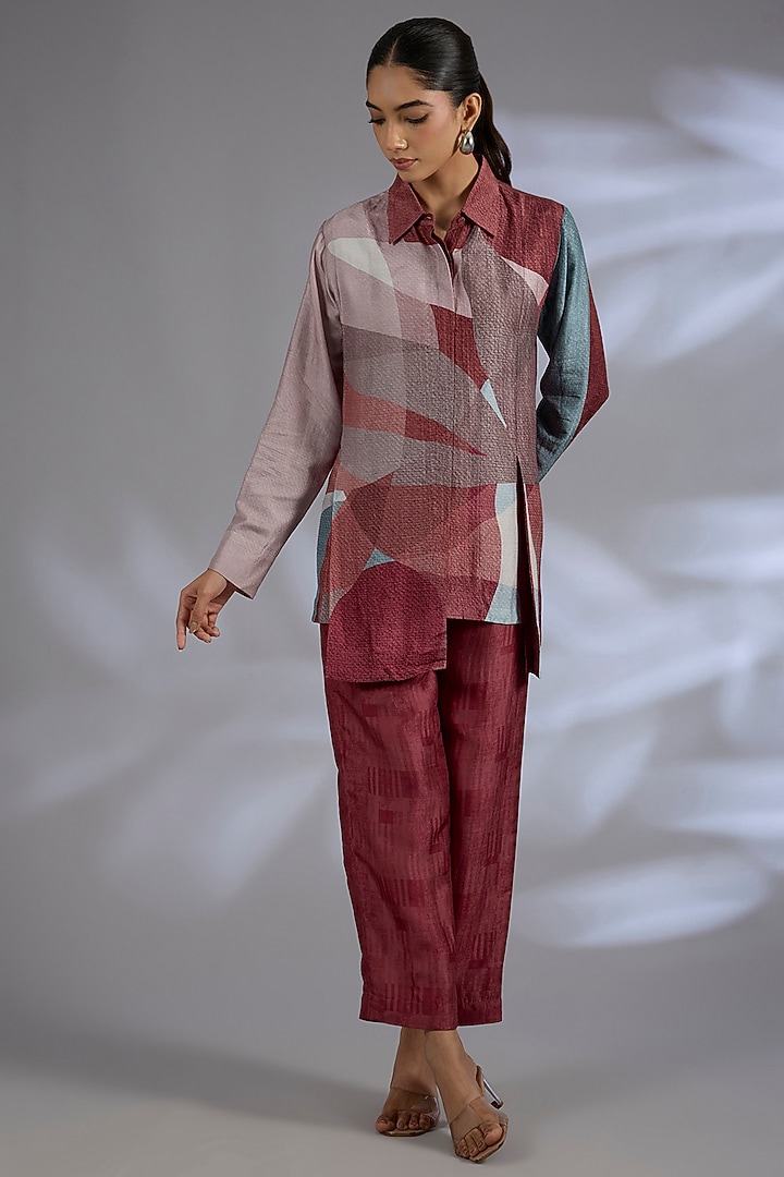 Maroon Dupion Silk Asymmetrical Kurta Set by CLOS at Pernia's Pop Up Shop