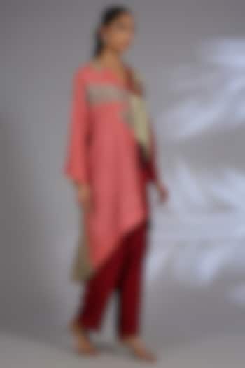 Maroon Dupion Silk Asymmetrical Jacket Set by CLOS at Pernia's Pop Up Shop