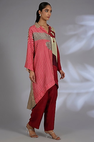 Maroon Dupion Silk Asymmetrical Jacket Set by CLOS