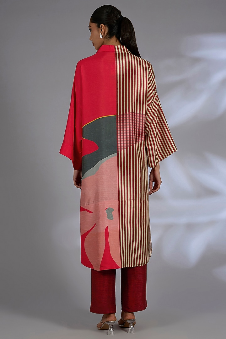 Maroon Dupion Silk Asymmetrical Jacket Set by CLOS at Pernia's Pop Up Shop
