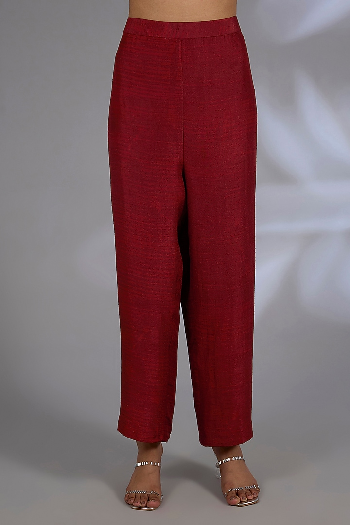 Maroon Dupion Silk Asymmetrical Jacket Set by CLOS at Pernia's Pop Up Shop