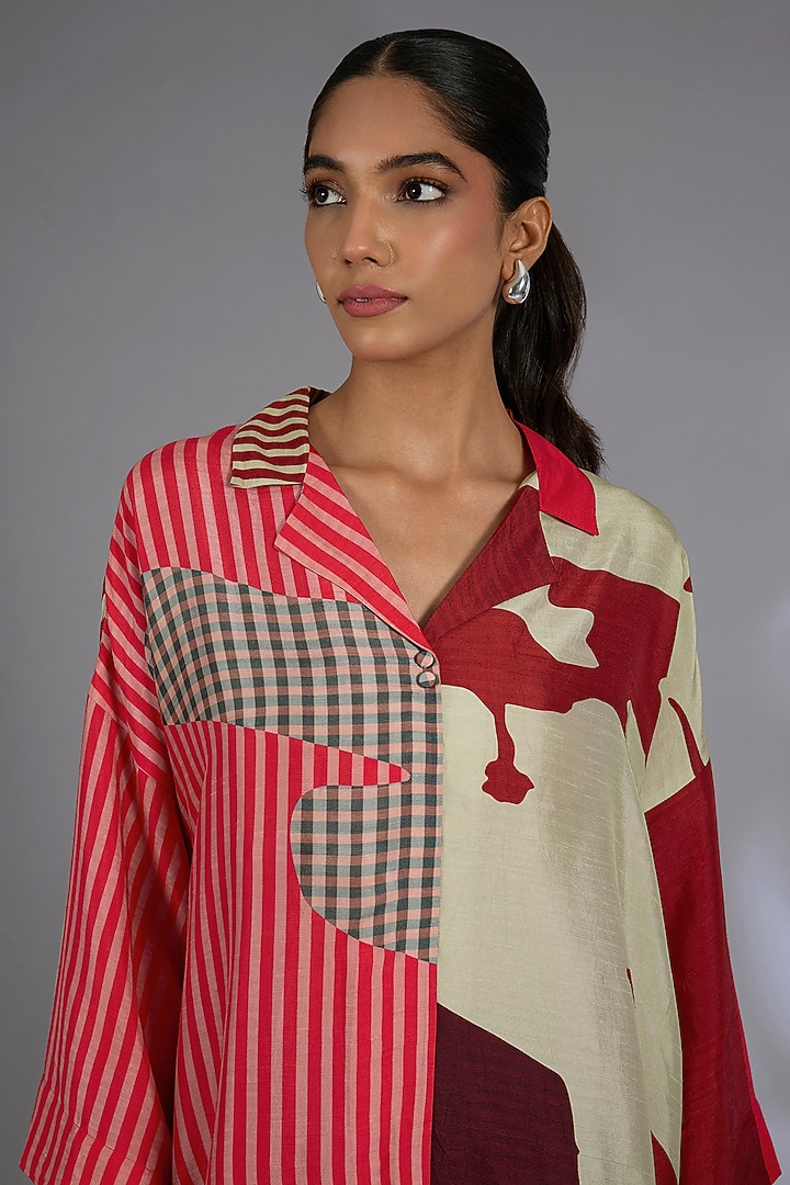 Maroon Dupion Silk Asymmetrical Jacket Set by CLOS at Pernia's Pop Up Shop