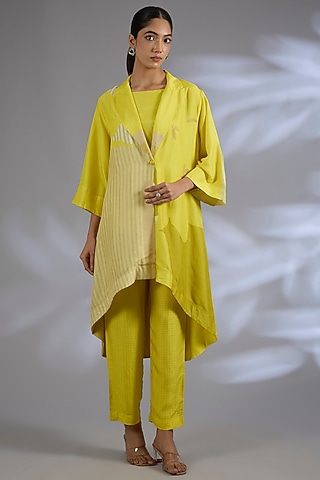 Yellow Dupion Silk Asymmetrical Jacket Set by CLOS