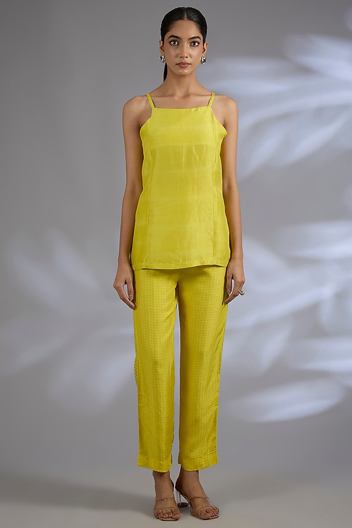 Yellow Dupion Silk Asymmetrical Jacket Set by CLOS at Pernia's Pop Up Shop