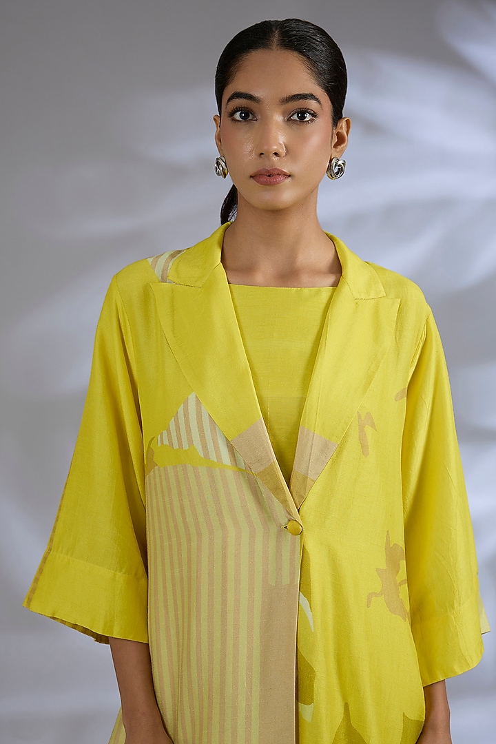 Yellow Dupion Silk Asymmetrical Jacket Set by CLOS at Pernia's Pop Up Shop