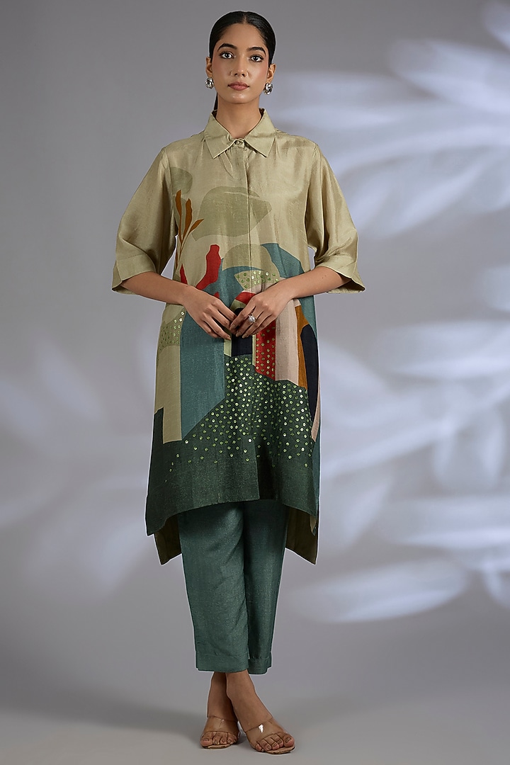 Multi-Colored Dupion Silk High-Low Kurta Set by CLOS at Pernia's Pop Up Shop