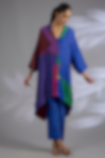 Blue Dupion Silk Asymmetrical Kurta Set by CLOS at Pernia's Pop Up Shop