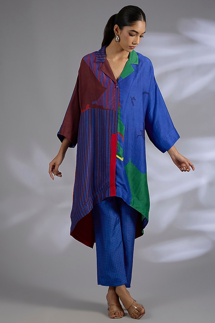 Blue Dupion Silk Asymmetrical Kurta Set by CLOS at Pernia's Pop Up Shop