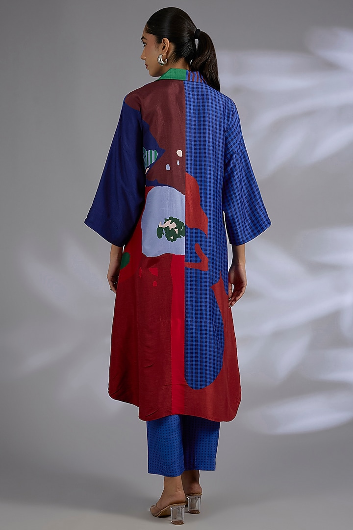 Blue Dupion Silk Asymmetrical Kurta Set by CLOS at Pernia's Pop Up Shop