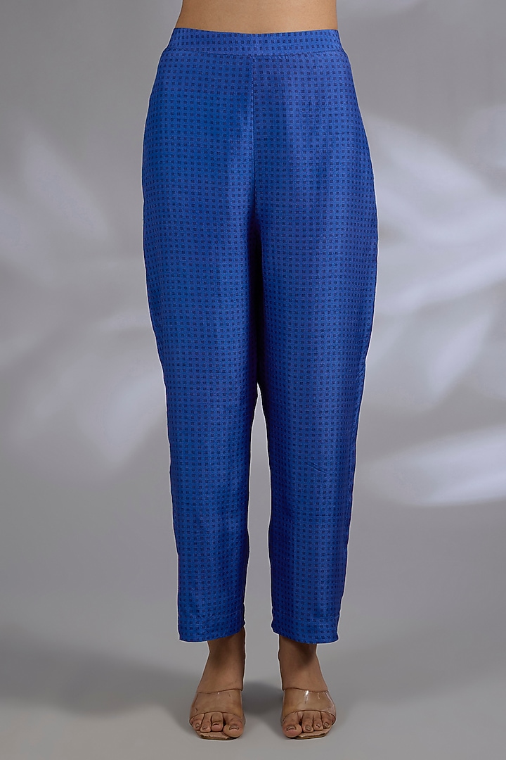 Blue Dupion Silk Asymmetrical Kurta Set by CLOS at Pernia's Pop Up Shop