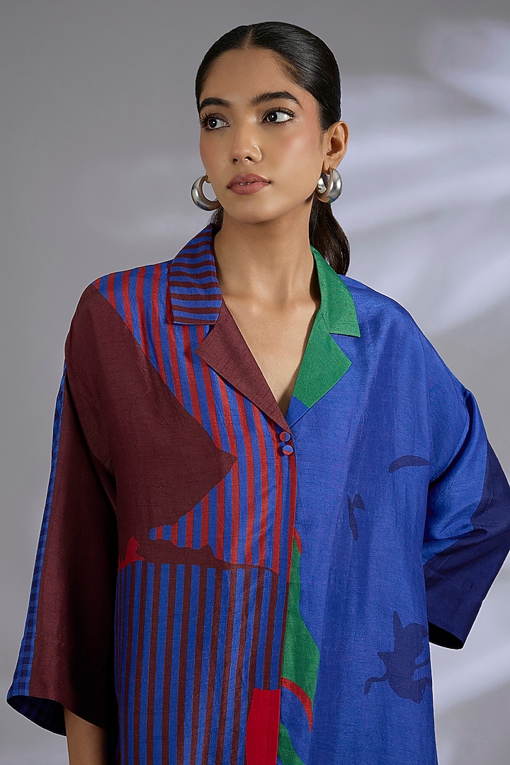 Blue Dupion Silk Asymmetrical Kurta Set by CLOS at Pernia's Pop Up Shop