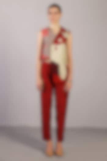 Crimson Red Dupion Silk Asymmetrical Jacket Set by CLOS at Pernia's Pop Up Shop