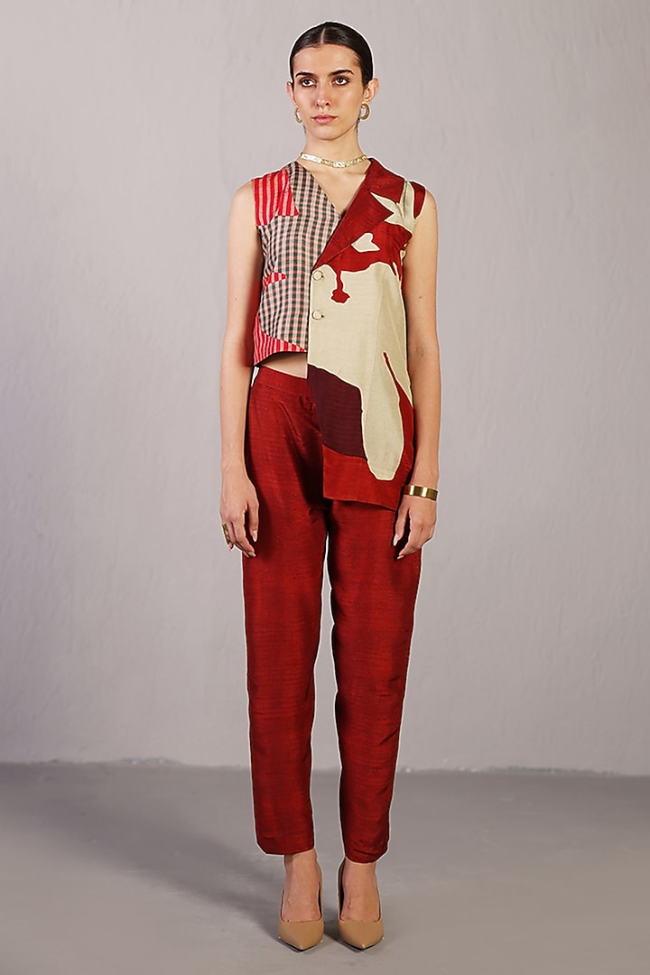 Crimson Red Dupion Silk Asymmetrical Jacket Set by CLOS at Pernia's Pop Up Shop