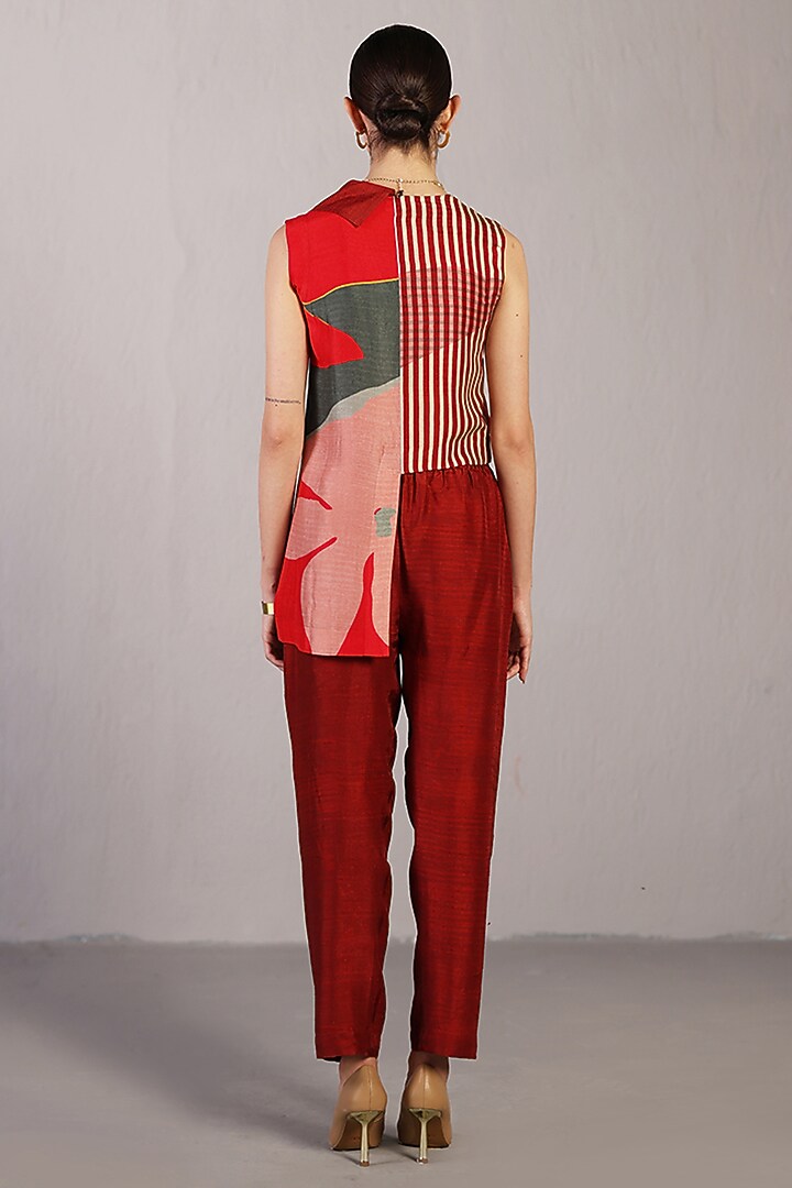 Crimson Red Dupion Silk Asymmetrical Jacket Set by CLOS at Pernia's Pop Up Shop