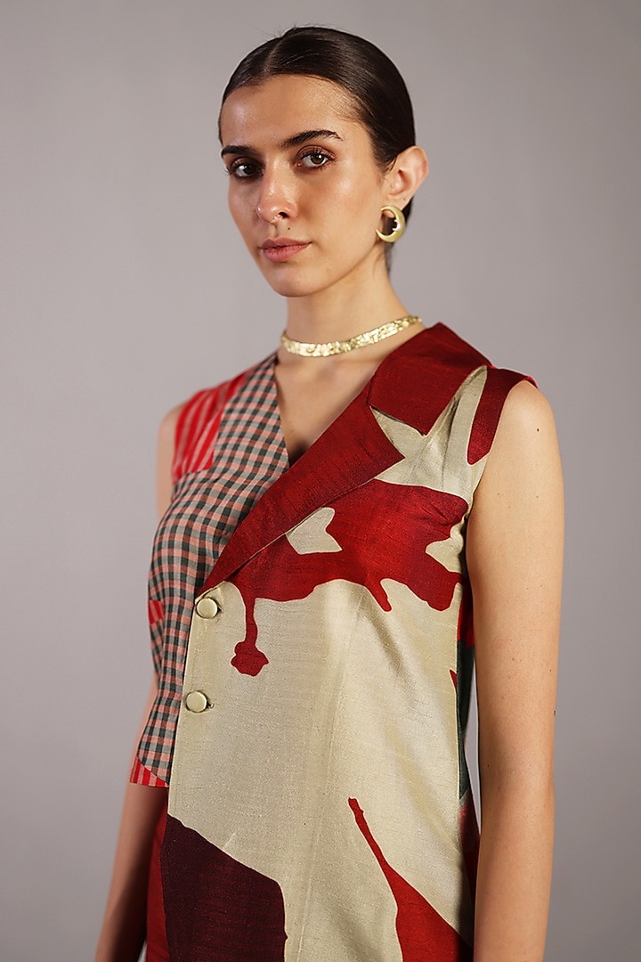 Crimson Red Dupion Silk Asymmetrical Jacket Set by CLOS at Pernia's Pop Up Shop