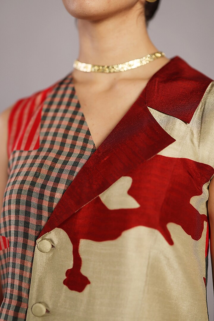 Crimson Red Dupion Silk Asymmetrical Jacket Set by CLOS at Pernia's Pop Up Shop