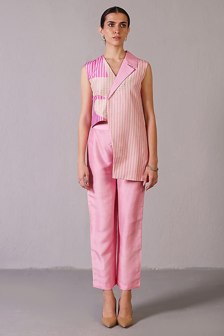 Pink Dupion Silk Asymmetrical Jacket Set by CLOS at Pernia's Pop Up Shop