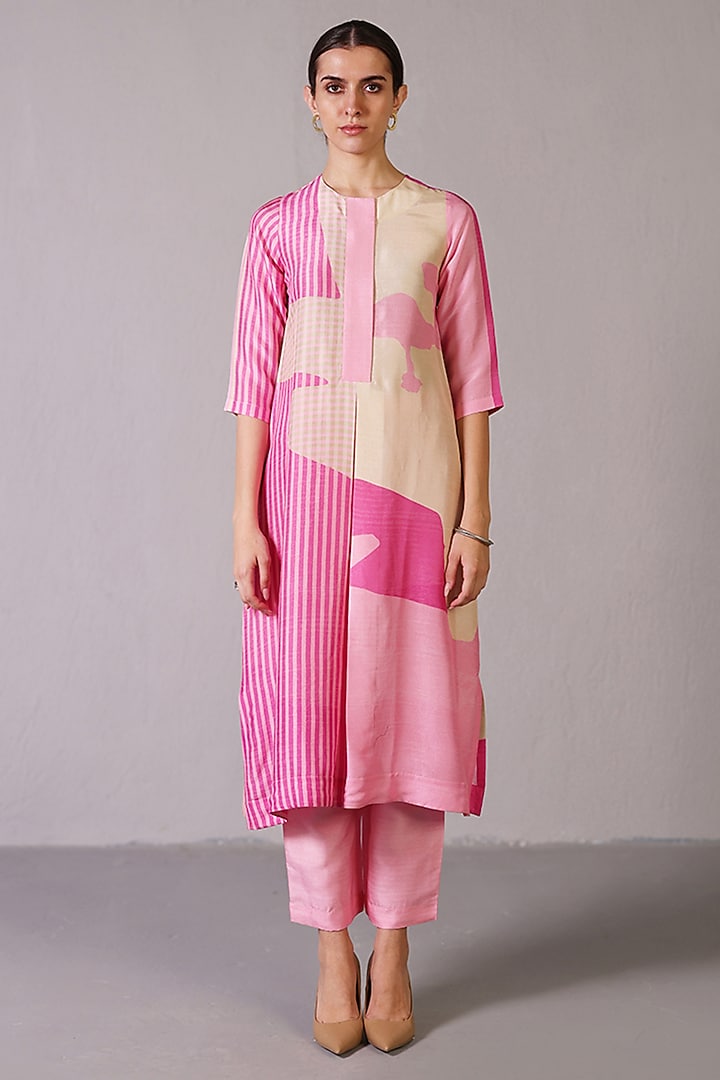 Soft Pink Dupion Silk Long Kurta Set by CLOS at Pernia's Pop Up Shop
