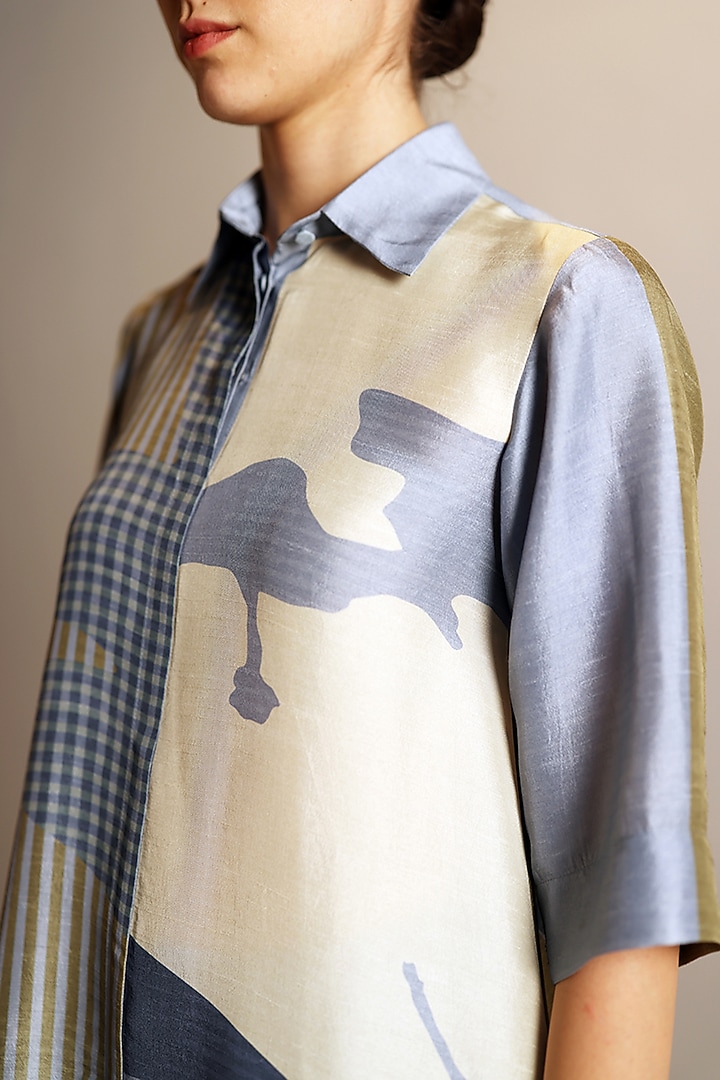 Grey & White Dupion Silk High-Low Kurta Set by CLOS at Pernia's Pop Up Shop