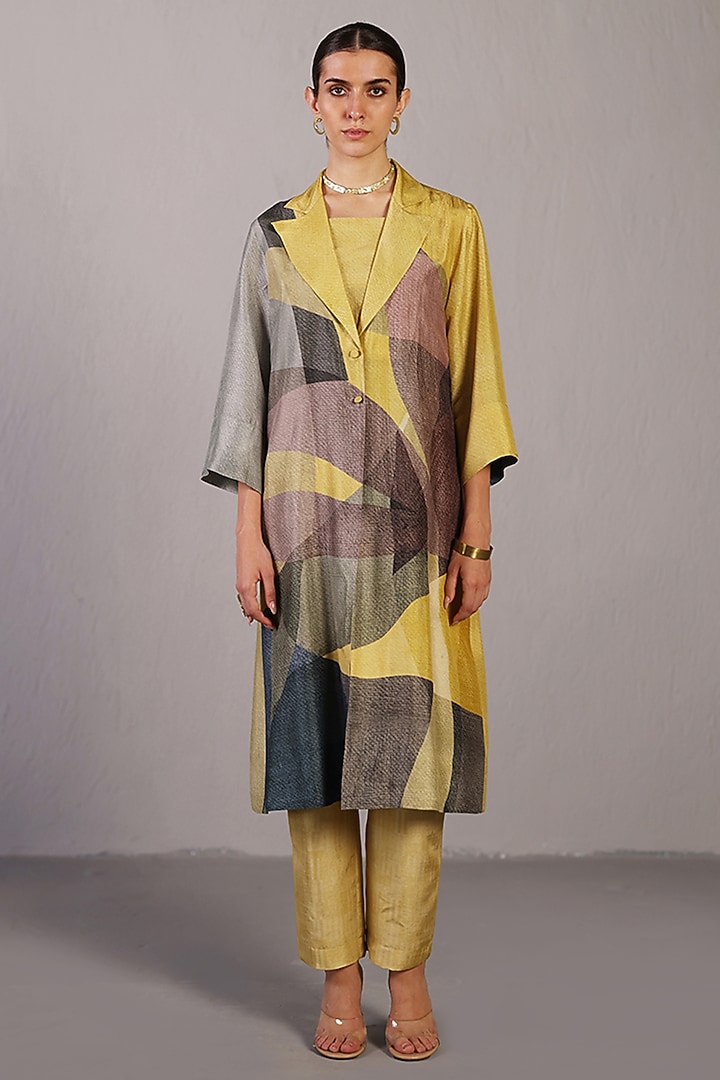 Yellow & Grey Dupion Silk Jacket Set by CLOS at Pernia's Pop Up Shop