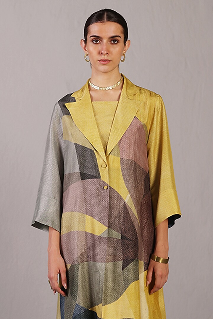 Yellow & Grey Dupion Silk Jacket Set by CLOS at Pernia's Pop Up Shop