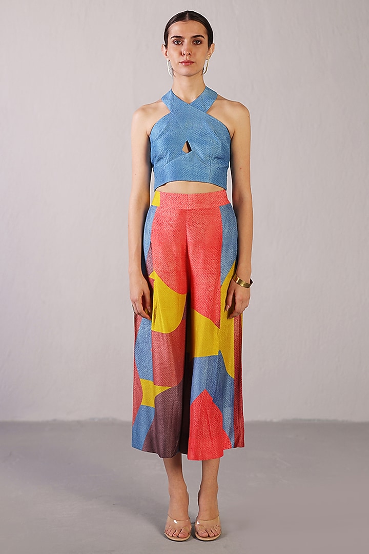 Coral Red & Blue Dupion Silk Co-Ord Set by CLOS at Pernia's Pop Up Shop
