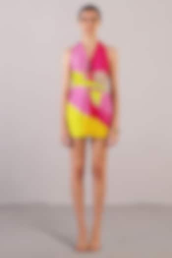Bright Pink & Yellow Dupion Silk Halter Summer Dress by CLOS at Pernia's Pop Up Shop