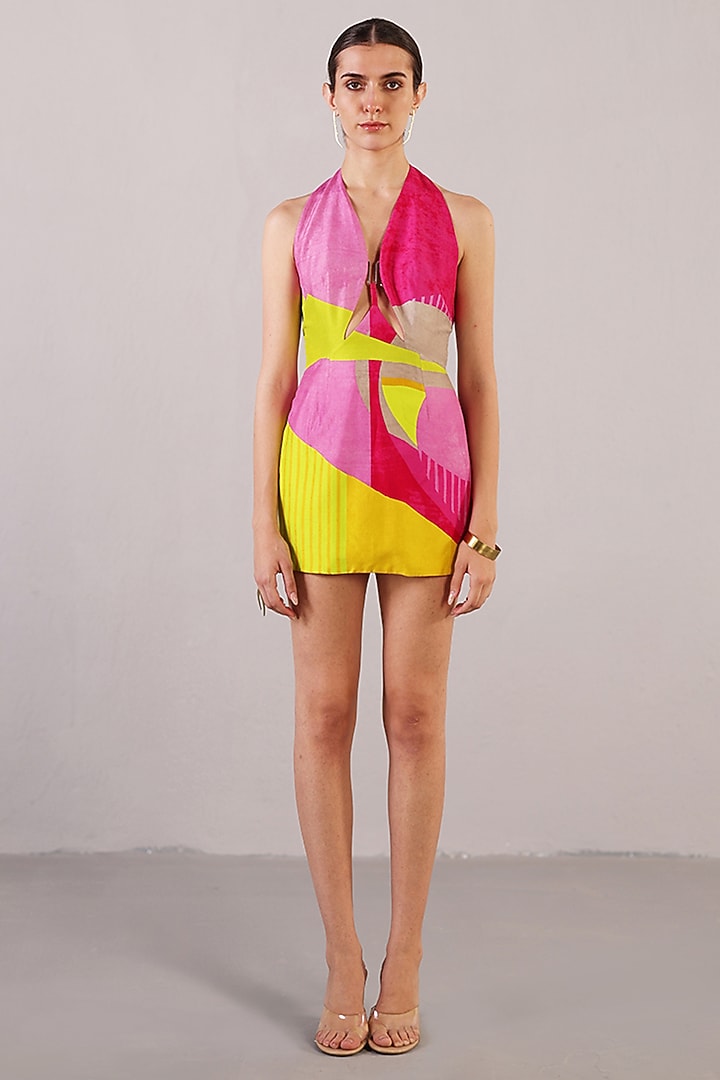 Bright Pink & Yellow Dupion Silk Halter Summer Dress by CLOS at Pernia's Pop Up Shop
