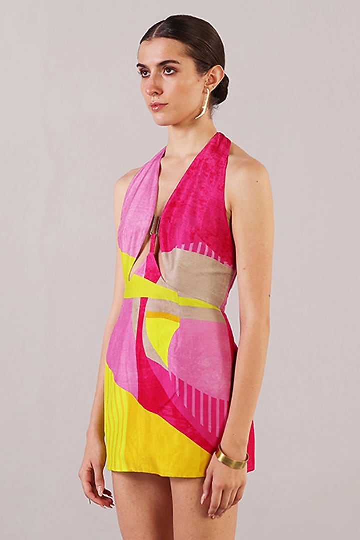 Bright Pink & Yellow Dupion Silk Halter Vacation Dress by CLOS at Pernia's Pop Up Shop