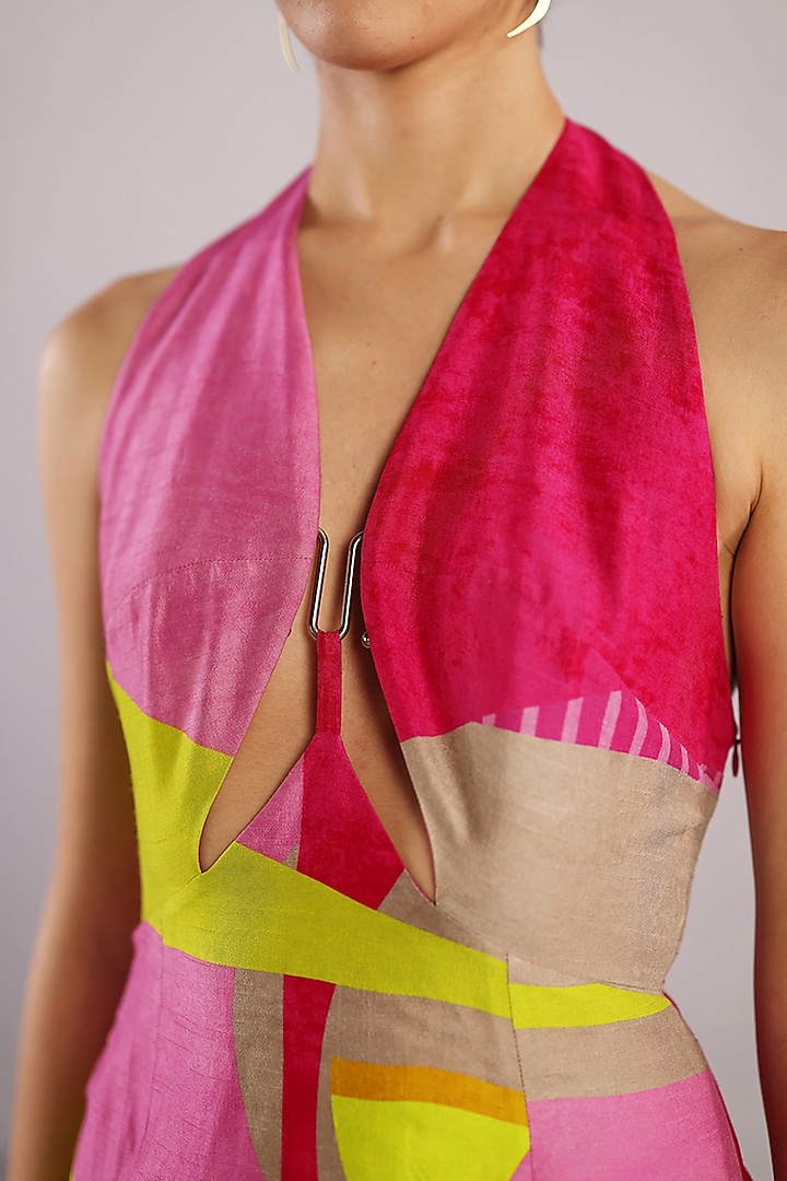Bright Pink & Yellow Dupion Silk Halter Vacation Dress by CLOS at Pernia's Pop Up Shop