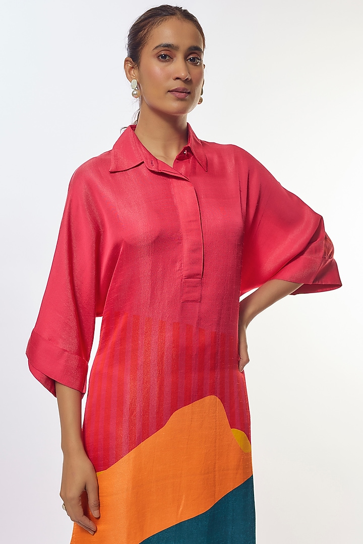 Pink Shimmer Silk Satin Abstract Printed Tunic Set by CLOS at Pernia's Pop Up Shop