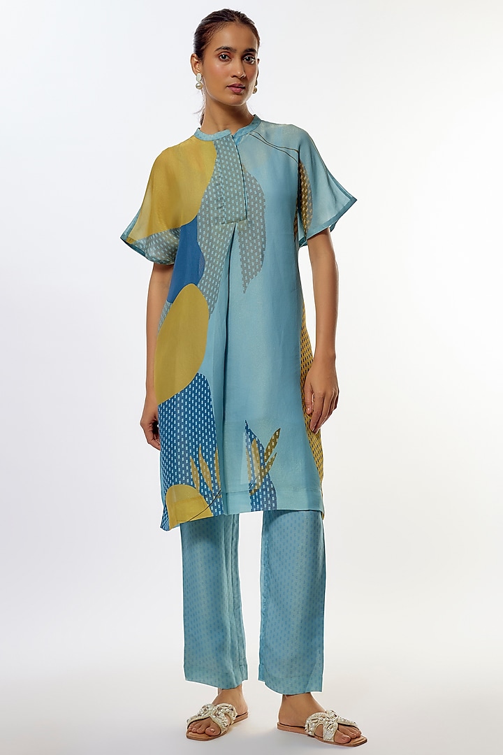 Blue Shimmer Cupro Abstract Printed Tunic Set by CLOS at Pernia's Pop Up Shop