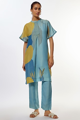 Blue Shimmer Cupro Abstract Printed Tunic Set by CLOS