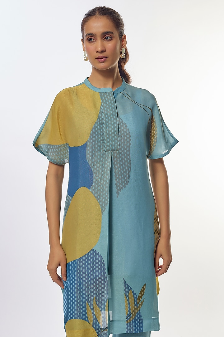 Blue Shimmer Cupro Abstract Printed Tunic Set by CLOS at Pernia's Pop Up Shop